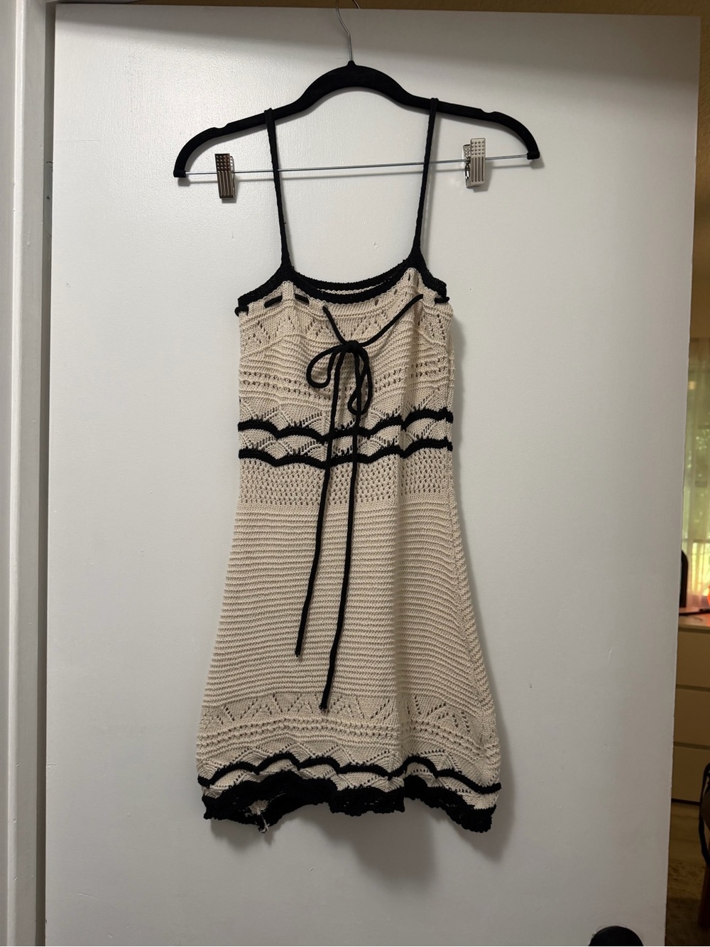 Cream Crochet Mini Dress with Black Trim